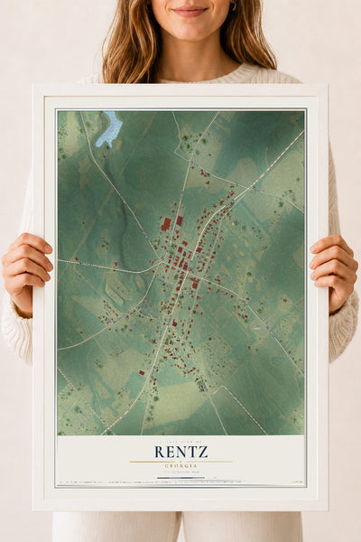 Rentz, Georgia map print, 18" x 24" W/ White Ayous Wood Frame mockup