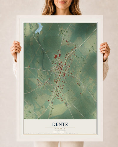 Rentz, Georgia map print, 24" x 36" W/ White Ayous Wood Frame mockup