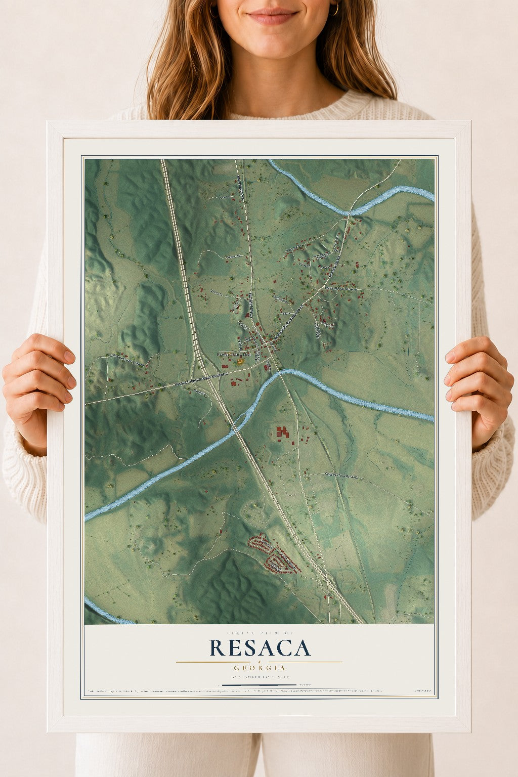 Resaca, Georgia map print, 18" x 24" W/ White Ayous Wood Frame mockup