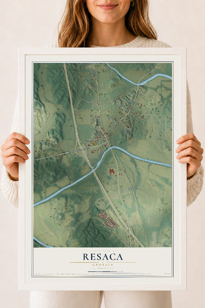 Resaca, Georgia map print, 18" x 24" W/ White Ayous Wood Frame mockup