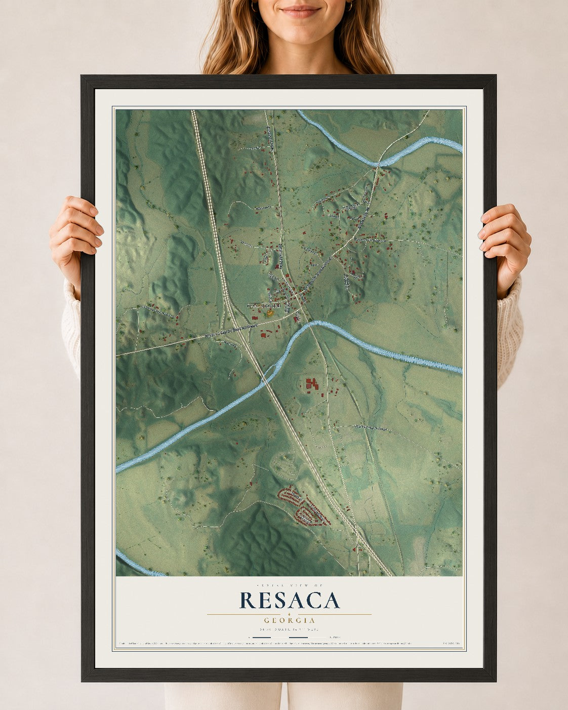 Resaca, Georgia map print, 24" x 36" W/ Black Ayous Wood Frame mockup