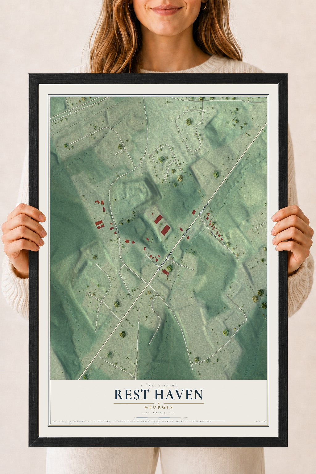 Rest Haven, Georgia map print, 18" x 24" W/ Black Ayous Wood Frame mockup