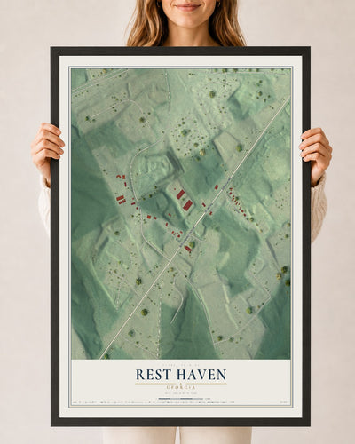 Rest Haven, Georgia map print, 24" x 36" W/ Black Ayous Wood Frame mockup