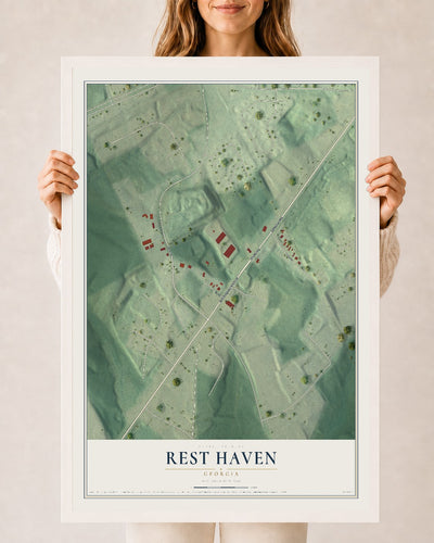 Rest Haven, Georgia map print, 24" x 36" W/ White Ayous Wood Frame mockup