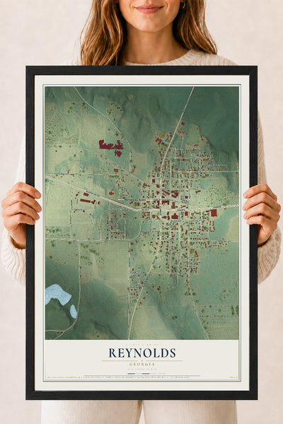 Reynolds, Georgia map print, 18" x 24" W/ Black Ayous Wood Frame mockup