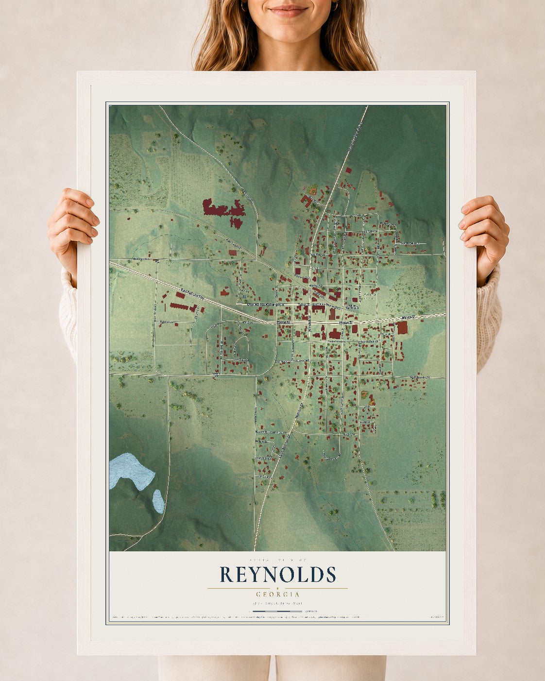 Reynolds, Georgia map print, 24" x 36" W/ White Ayous Wood Frame mockup