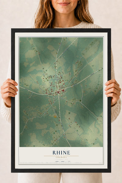 Rhine, Georgia map print, 18" x 24" W/ Black Ayous Wood Frame mockup