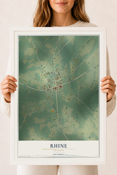 Rhine, Georgia map print, 18" x 24" W/ White Ayous Wood Frame mockup