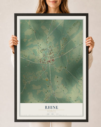 Rhine, Georgia map print, 24" x 36" W/ Black Ayous Wood Frame mockup