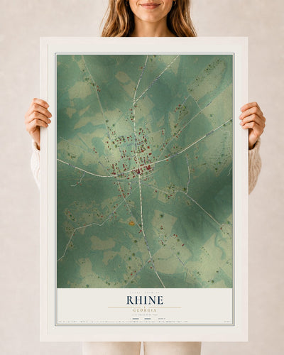 Rhine, Georgia map print, 24" x 36" W/ White Ayous Wood Frame mockup