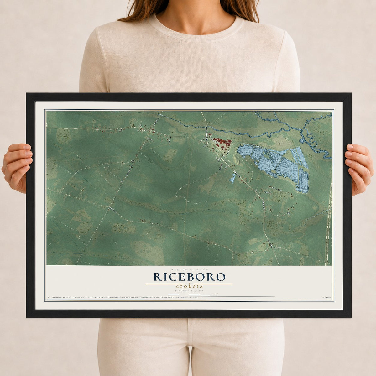 Riceboro, Georgia map print, 12" x 18" W/ Black Ayous Wood Frame mockup