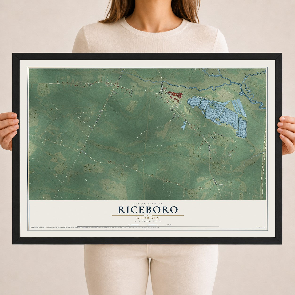Riceboro, Georgia map print, 18" x 24" W/ Black Ayous Wood Frame mockup