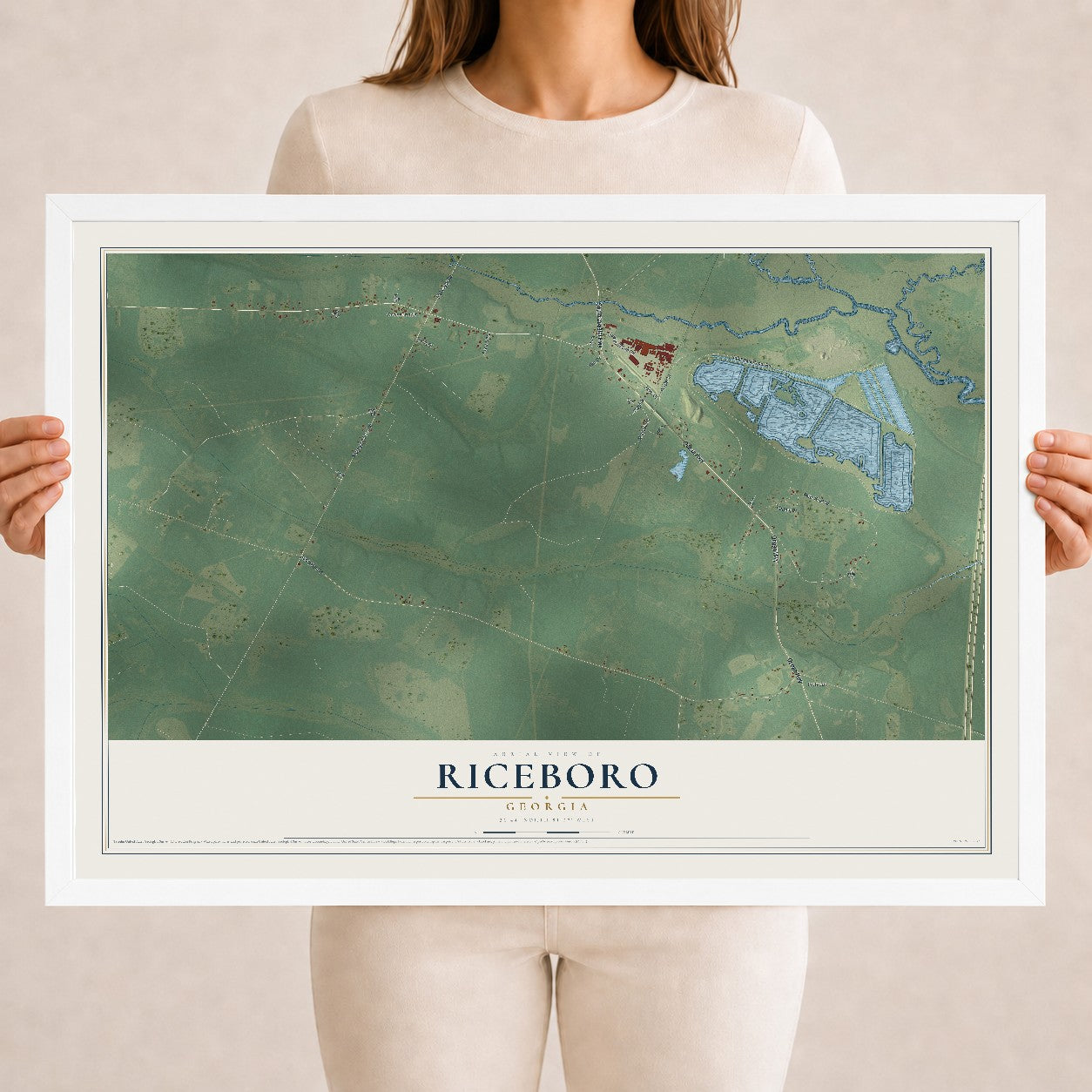 Riceboro, Georgia map print, 18" x 24" W/ White Ayous Wood Frame mockup