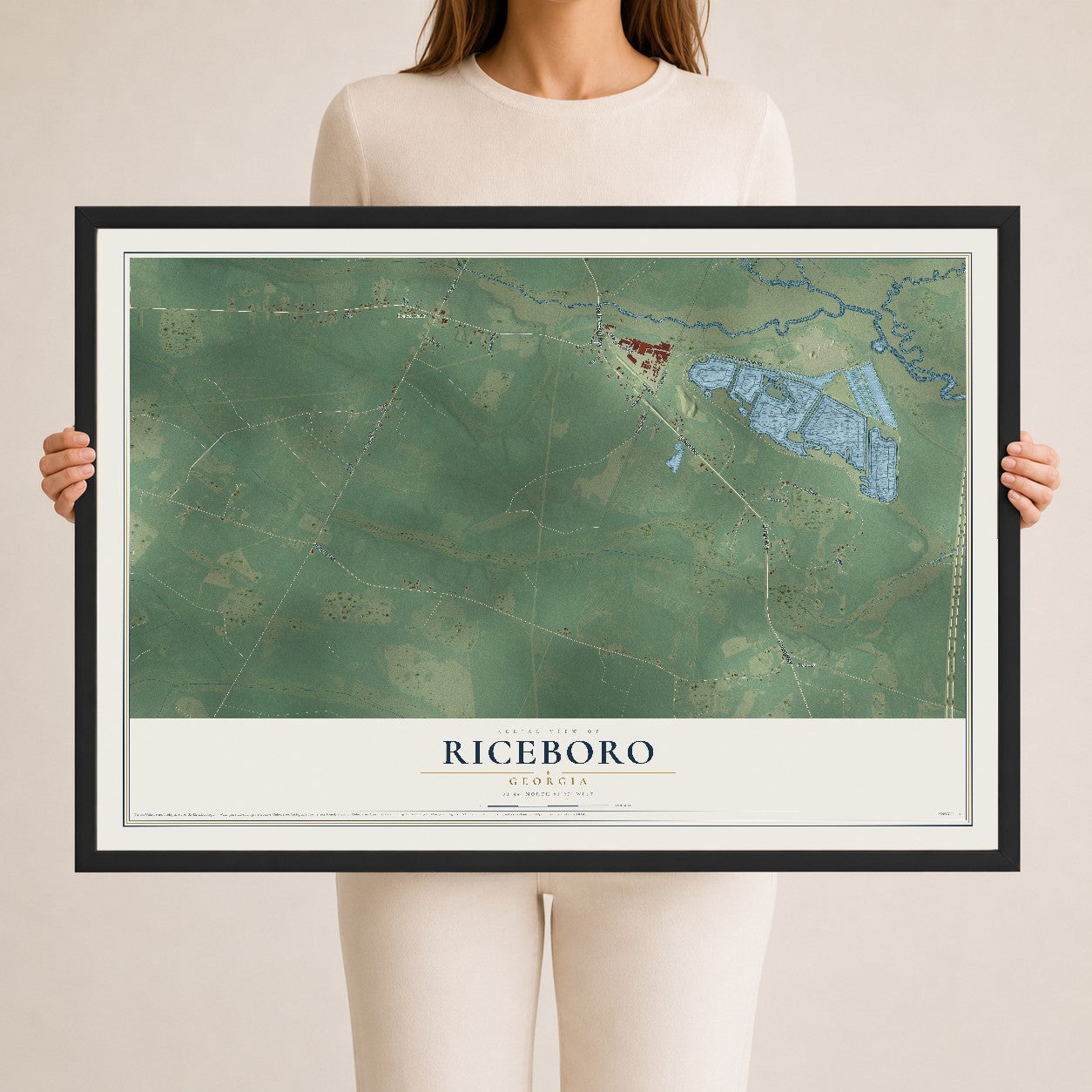 Riceboro, Georgia map print, 24" x 36" W/ Black Ayous Wood Frame mockup