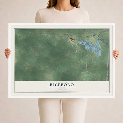 Riceboro, Georgia map print, 24" x 36" W/ White Ayous Wood Frame mockup