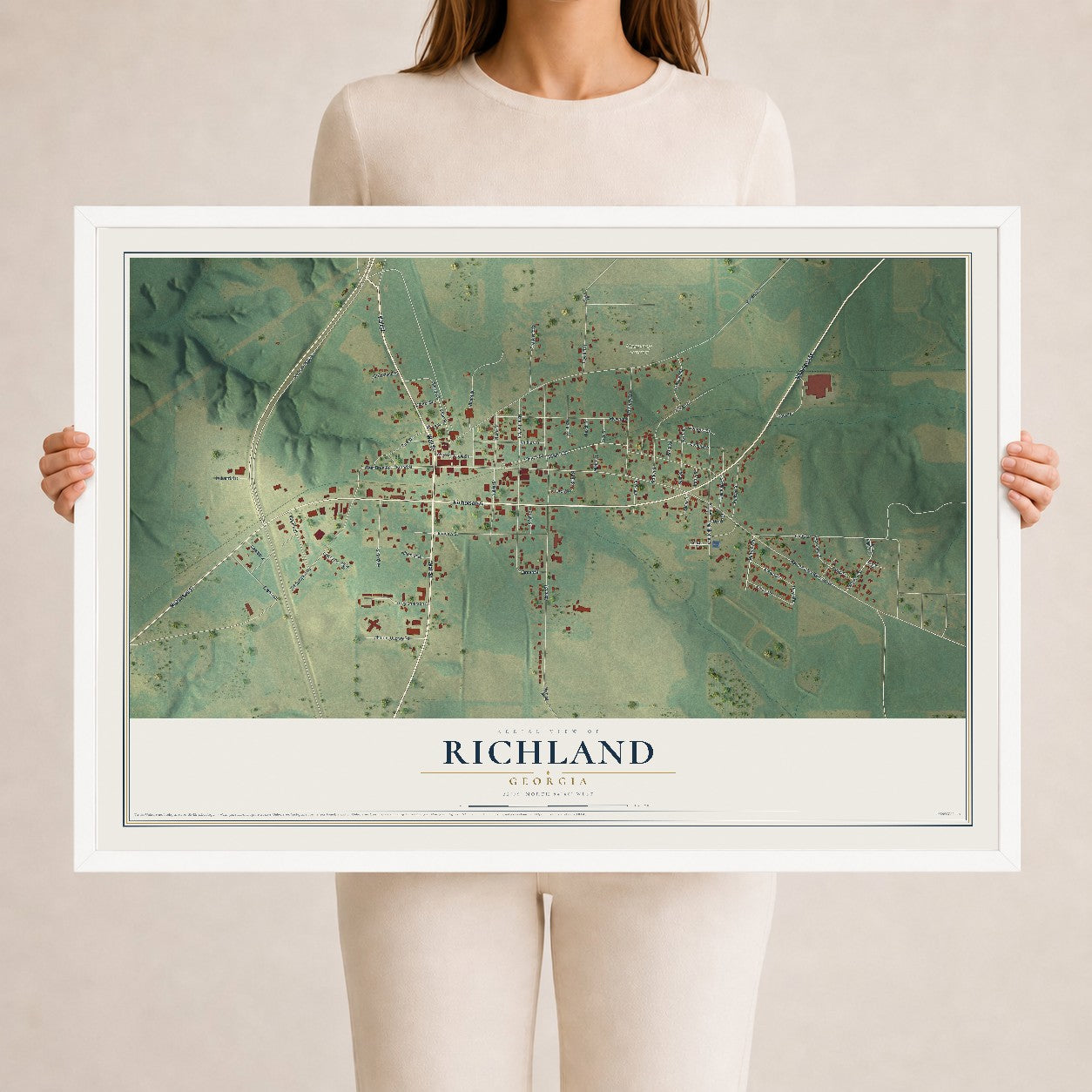 Richland, Georgia map print, 24" x 36" W/ White Ayous Wood Frame mockup