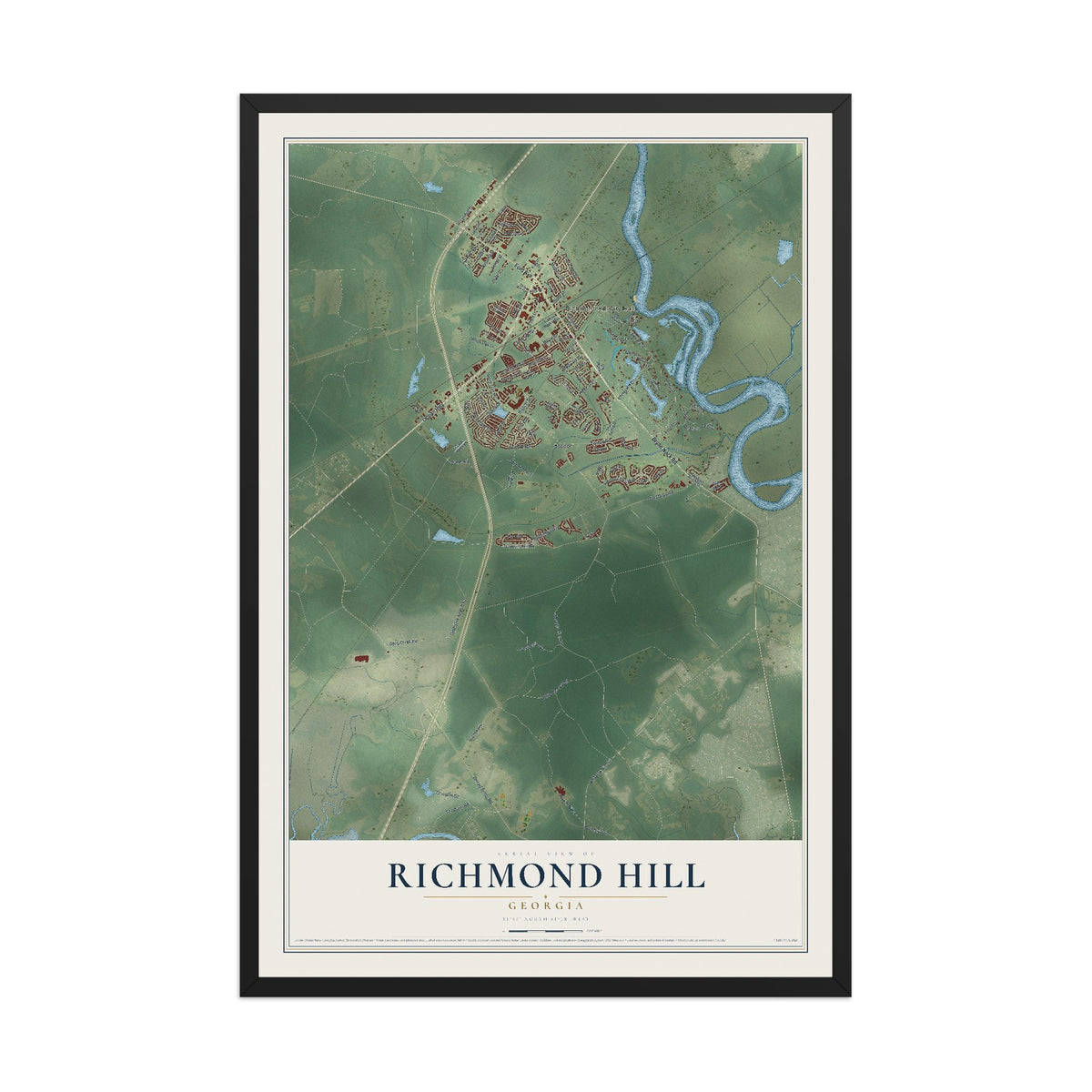 Richmond Hill, Georgia map print, 12" x 18" W/ Black Ayous Wood Frame mockup