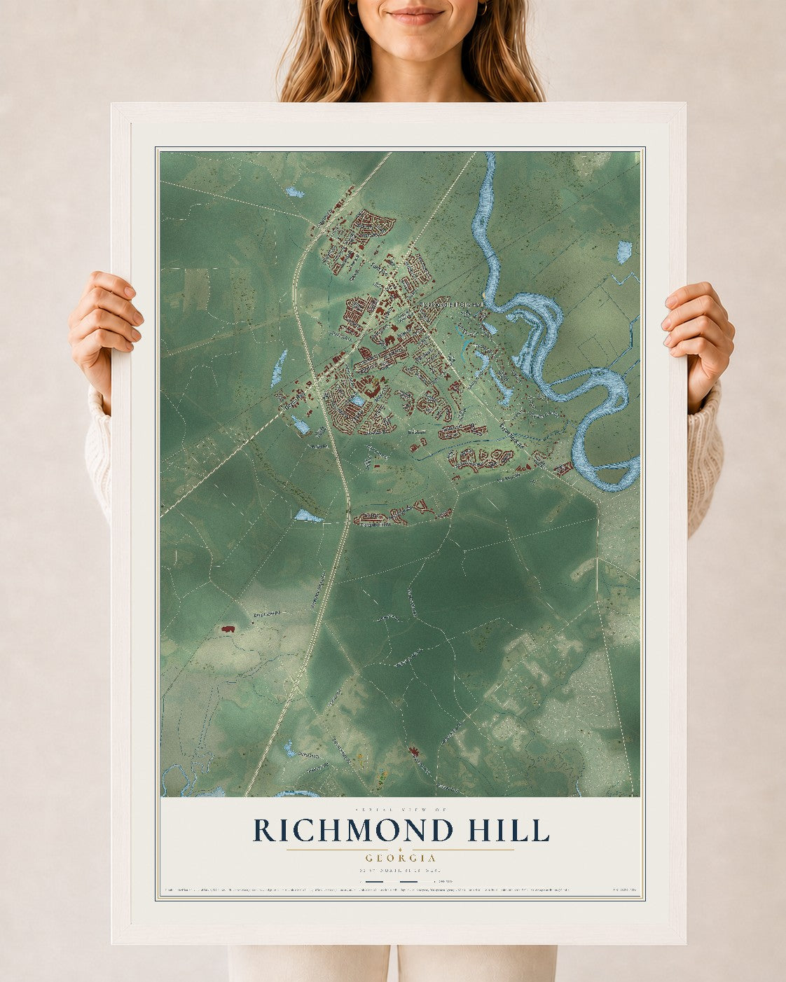 Richmond Hill, Georgia map print, 24" x 36" W/ White Ayous Wood Frame mockup