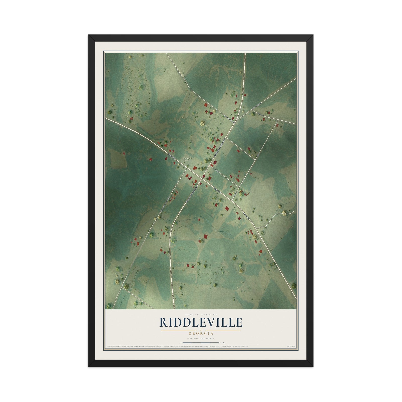 Riddleville, Georgia map print, 12" x 18" W/ Black Ayous Wood Frame mockup