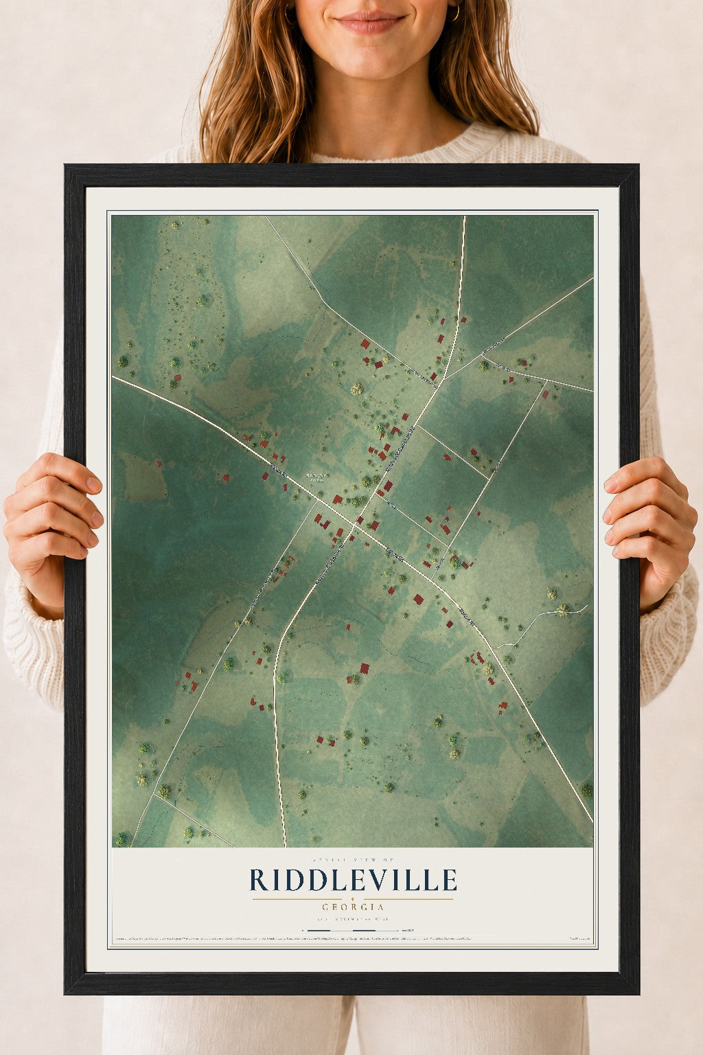 Riddleville, Georgia map print, 18" x 24" W/ Black Ayous Wood Frame mockup