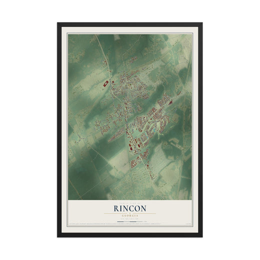 Map of Rincon, Georgia, 12 x 18 inch print in a black wood frame