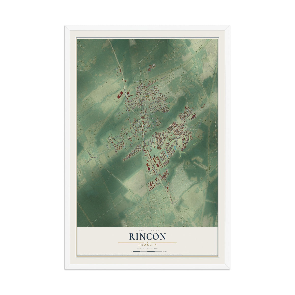 Rincon, Georgia map print, 12" x 18" W/ White Ayous Wood Frame mockup