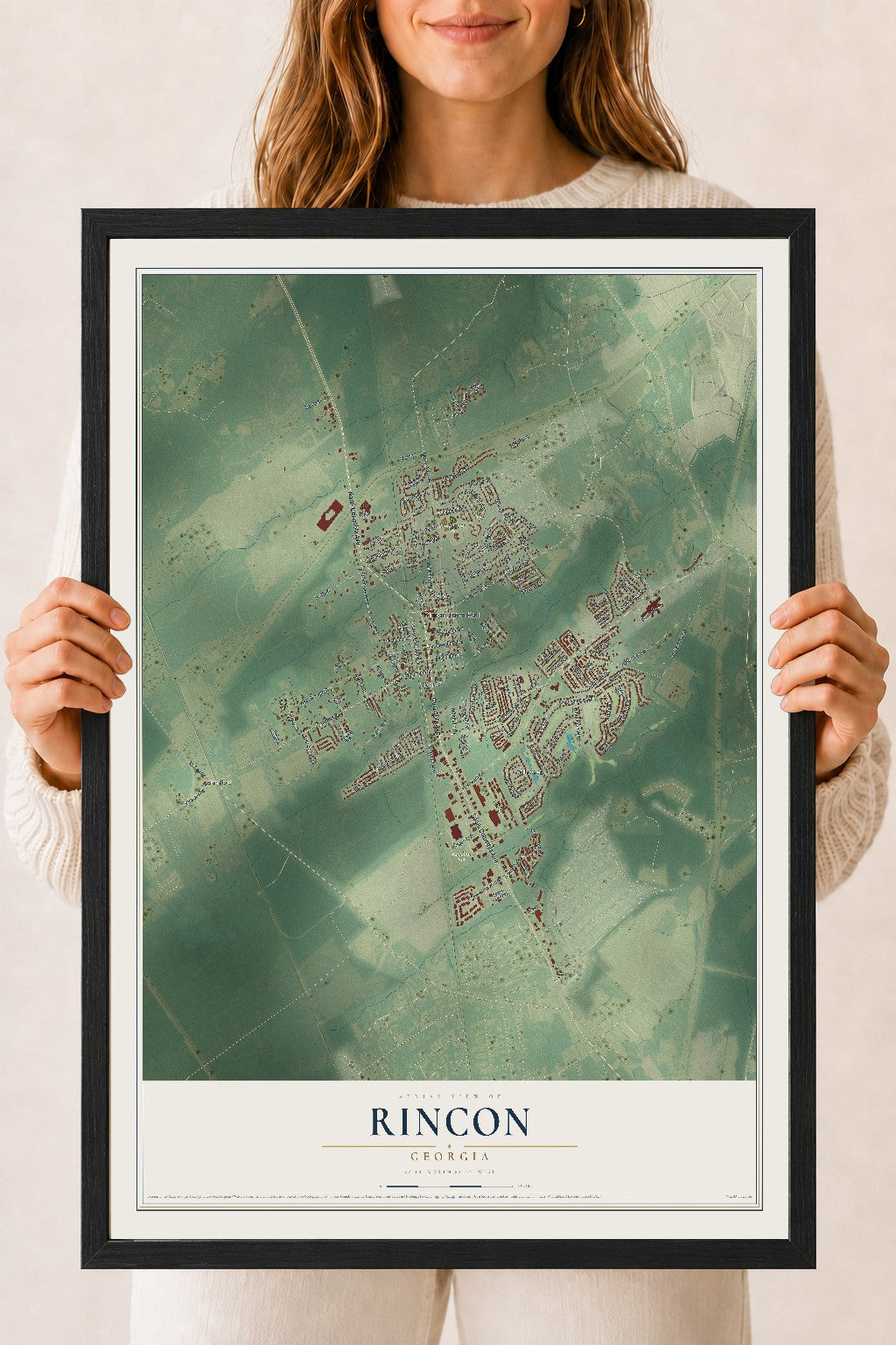 Rincon, Georgia map print, 18" x 24" W/ Black Ayous Wood Frame mockup