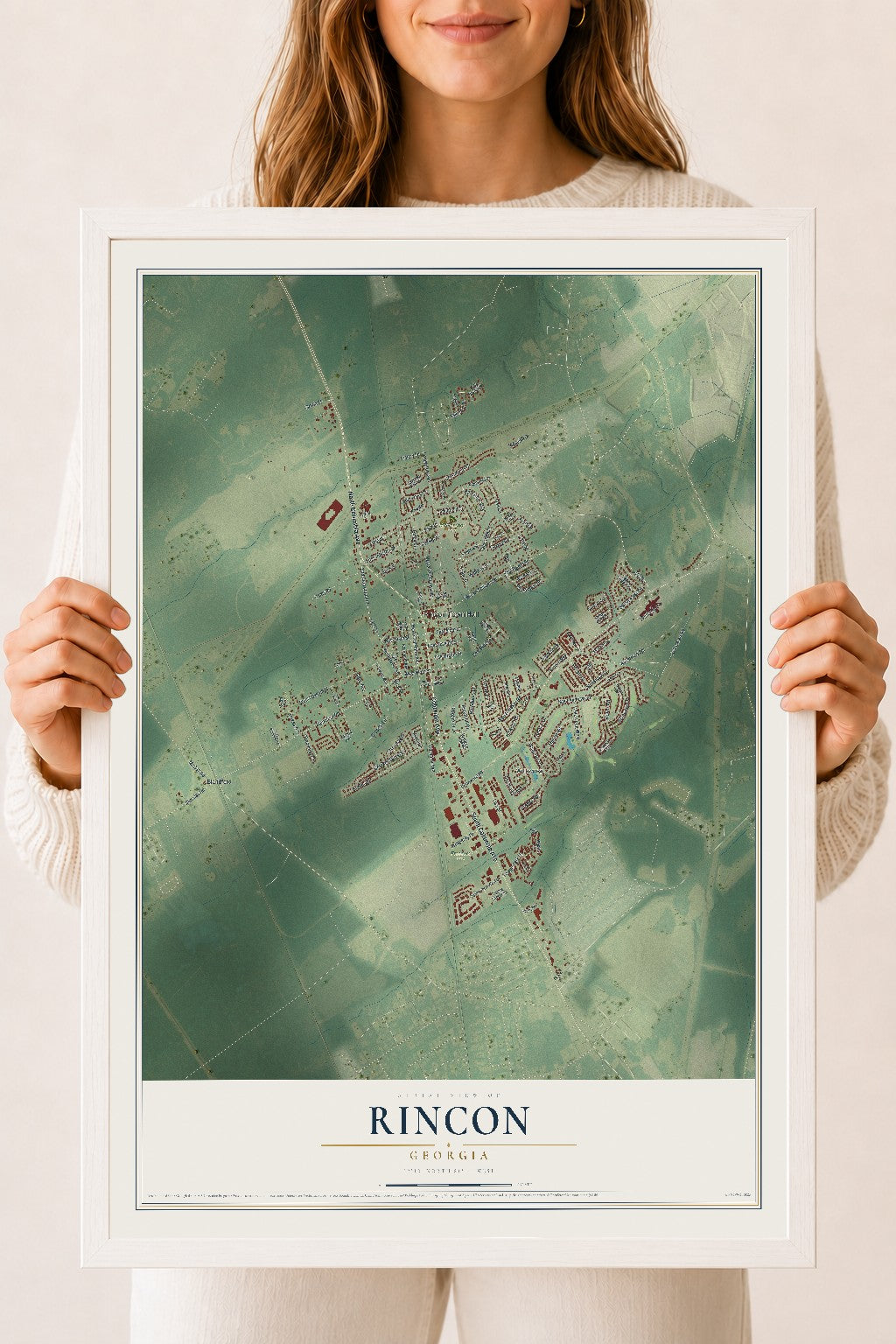 Rincon, Georgia map print, 18" x 24" W/ White Ayous Wood Frame mockup