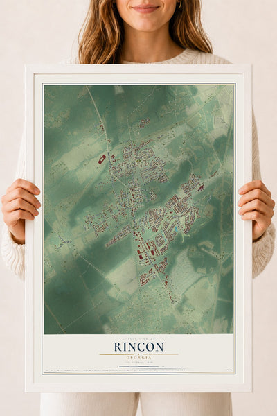 Rincon, Georgia map print, 18" x 24" W/ White Ayous Wood Frame mockup