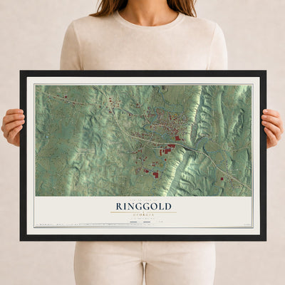 Ringgold, Georgia map print, 12" x 18" W/ Black Ayous Wood Frame mockup