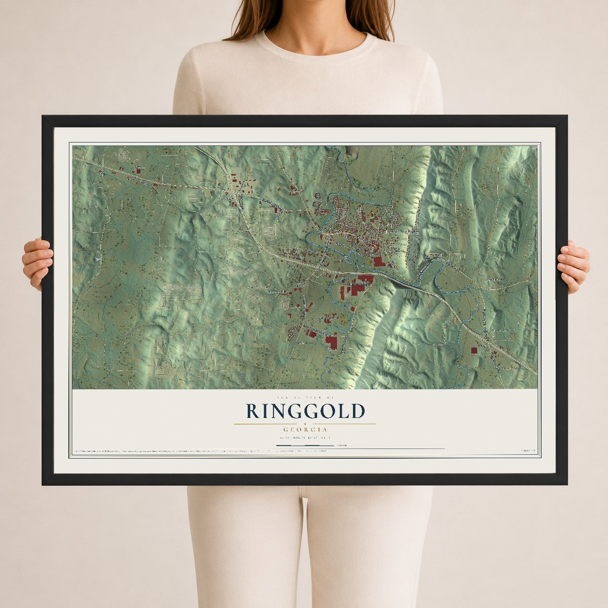 Ringgold, Georgia map print, 24" x 36" W/ Black Ayous Wood Frame mockup
