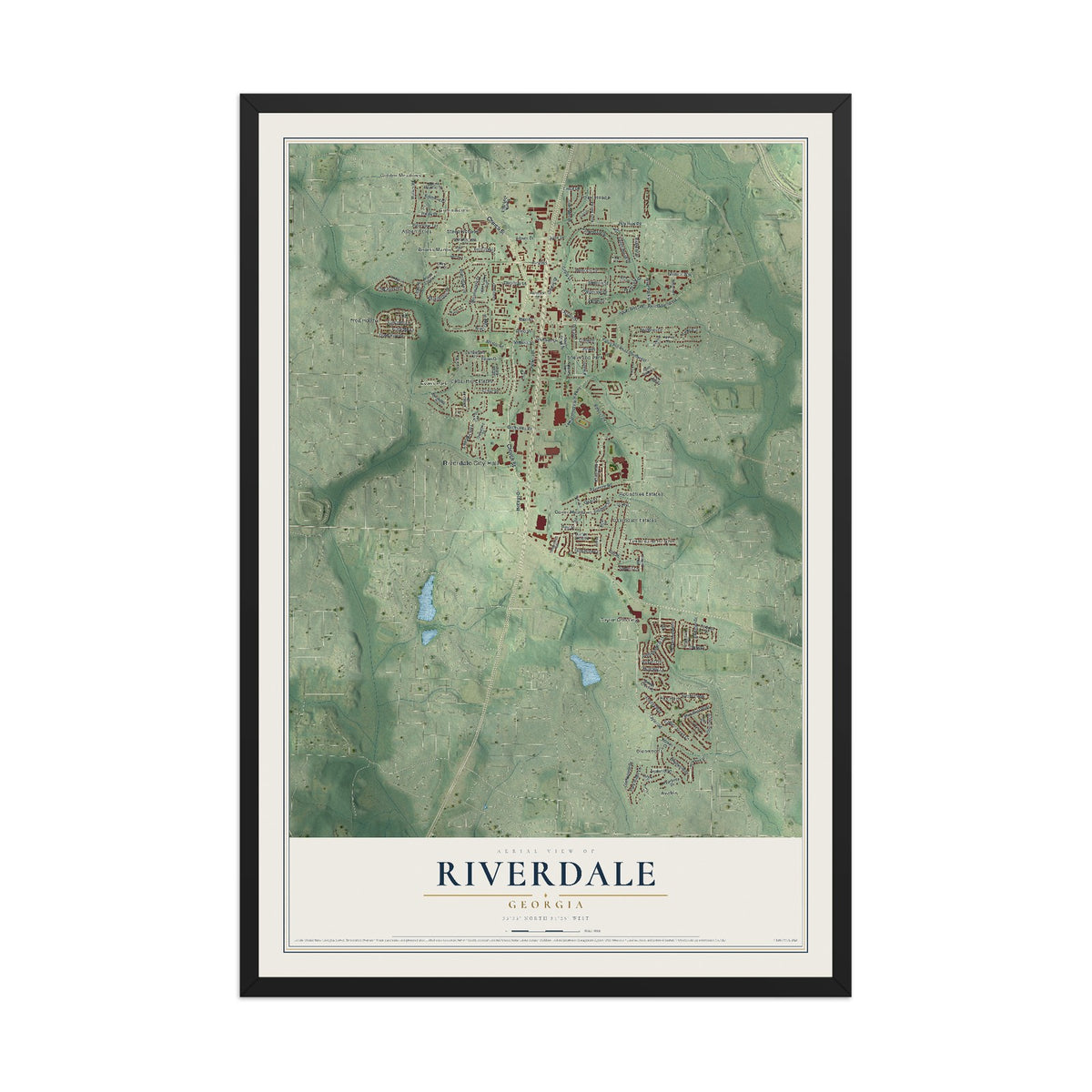 Riverdale, Georgia map print, 12" x 18" W/ Black Ayous Wood Frame mockup