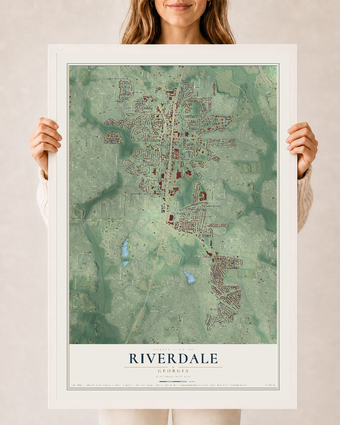 Riverdale, Georgia map print, 24" x 36" W/ White Ayous Wood Frame mockup