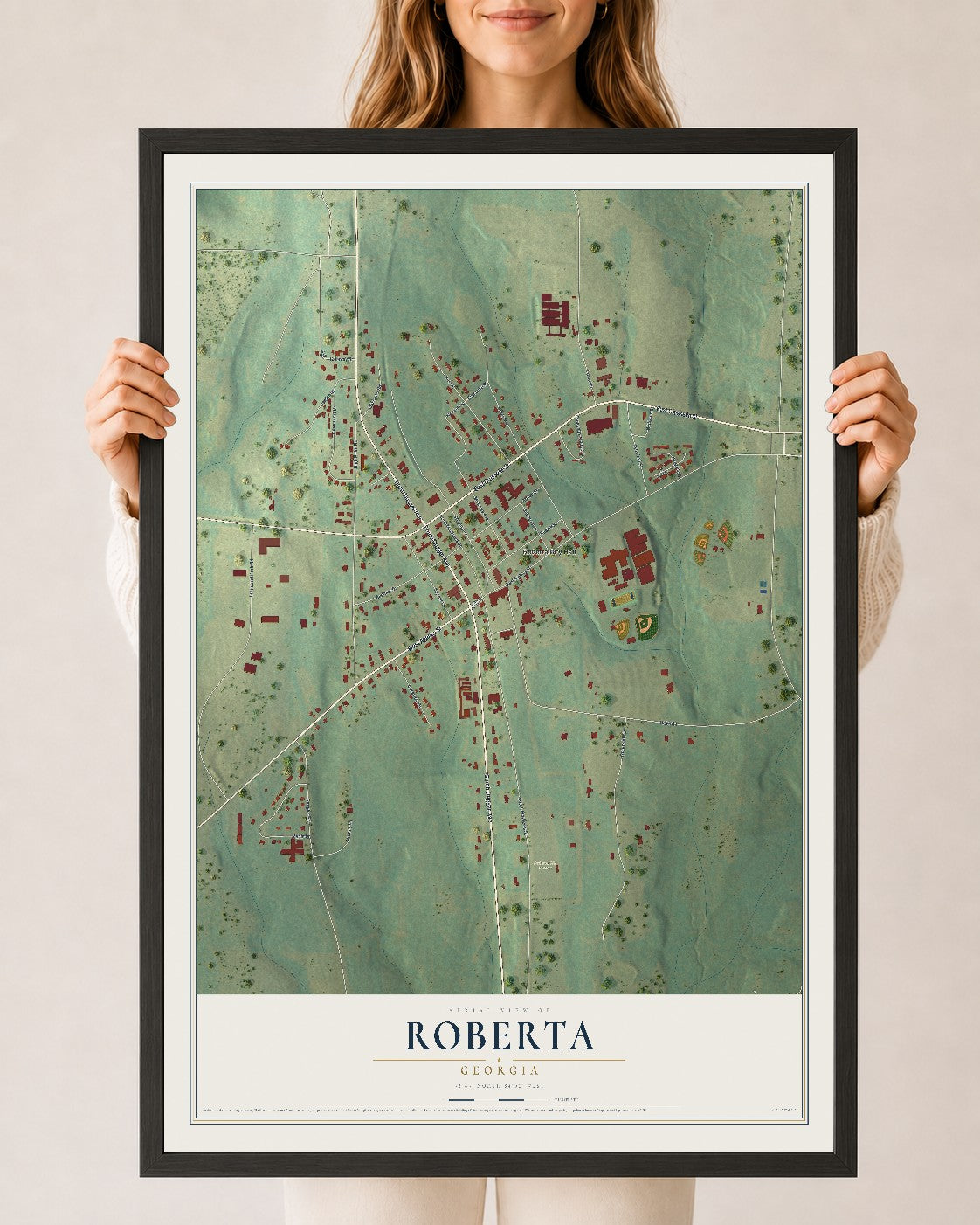 Roberta, Georgia map print, 24" x 36" W/ Black Ayous Wood Frame mockup