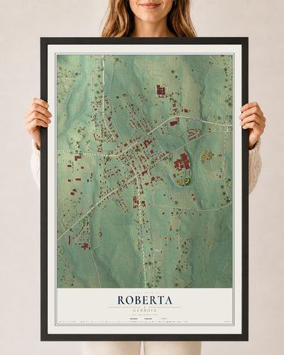 Roberta, Georgia map print, 24" x 36" W/ Black Ayous Wood Frame mockup