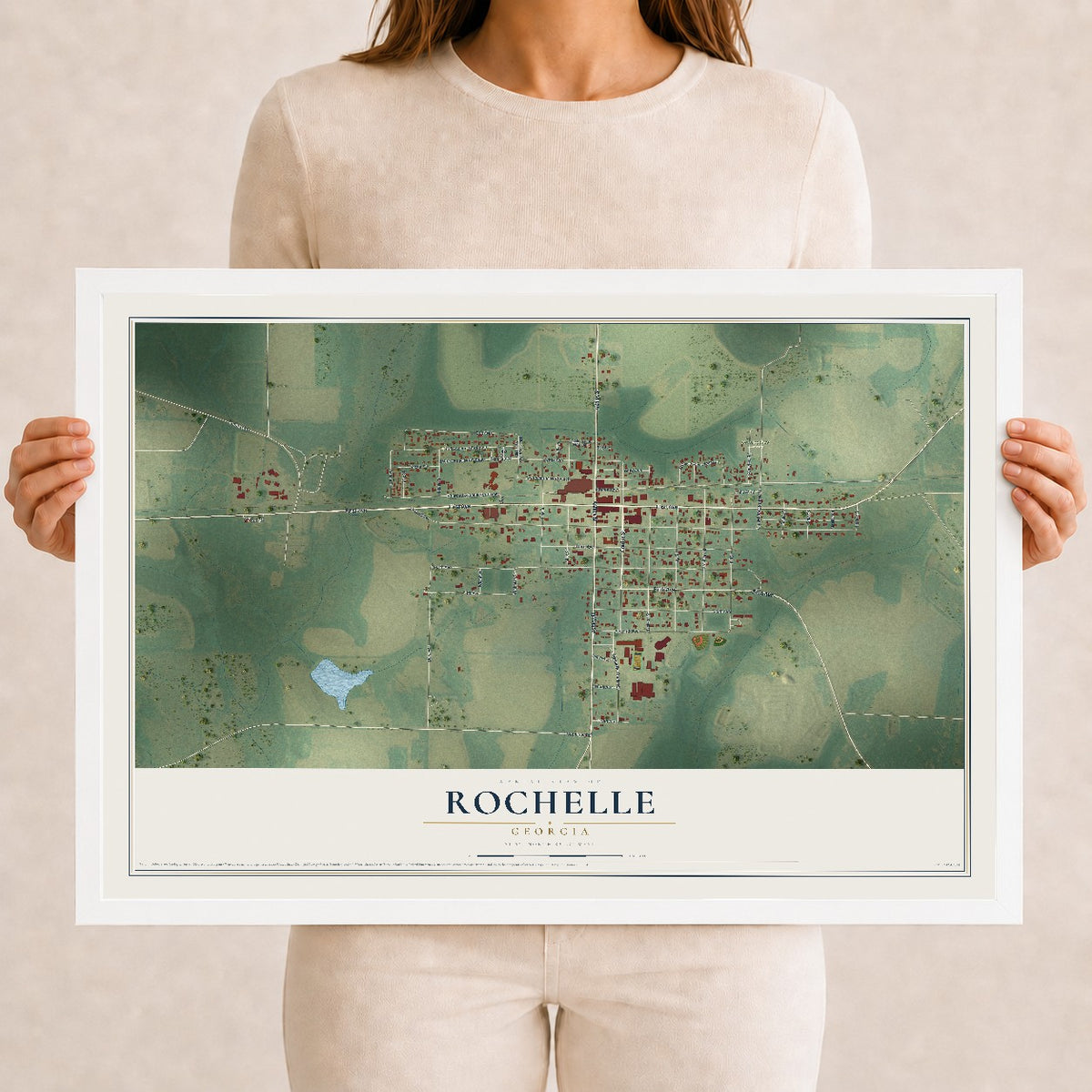 Rochelle, Georgia map print, 12" x 18" W/ White Ayous Wood Frame mockup