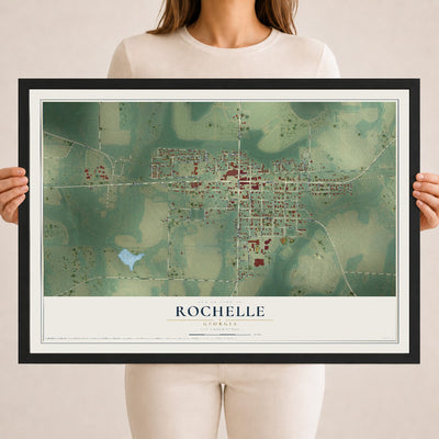 Rochelle, Georgia map print, 18" x 24" W/ Black Ayous Wood Frame mockup
