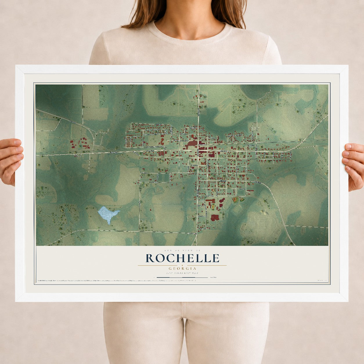 Rochelle, Georgia map print, 18" x 24" W/ White Ayous Wood Frame mockup