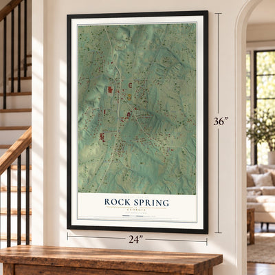 Rock Spring, Georgia map, 24 x 36 inch print in a black frame by a staircase