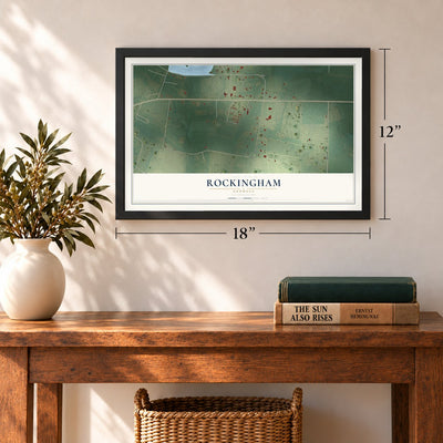 Rockingham, Georgia map, 12 x 18 inch print in a black frame in an entryway