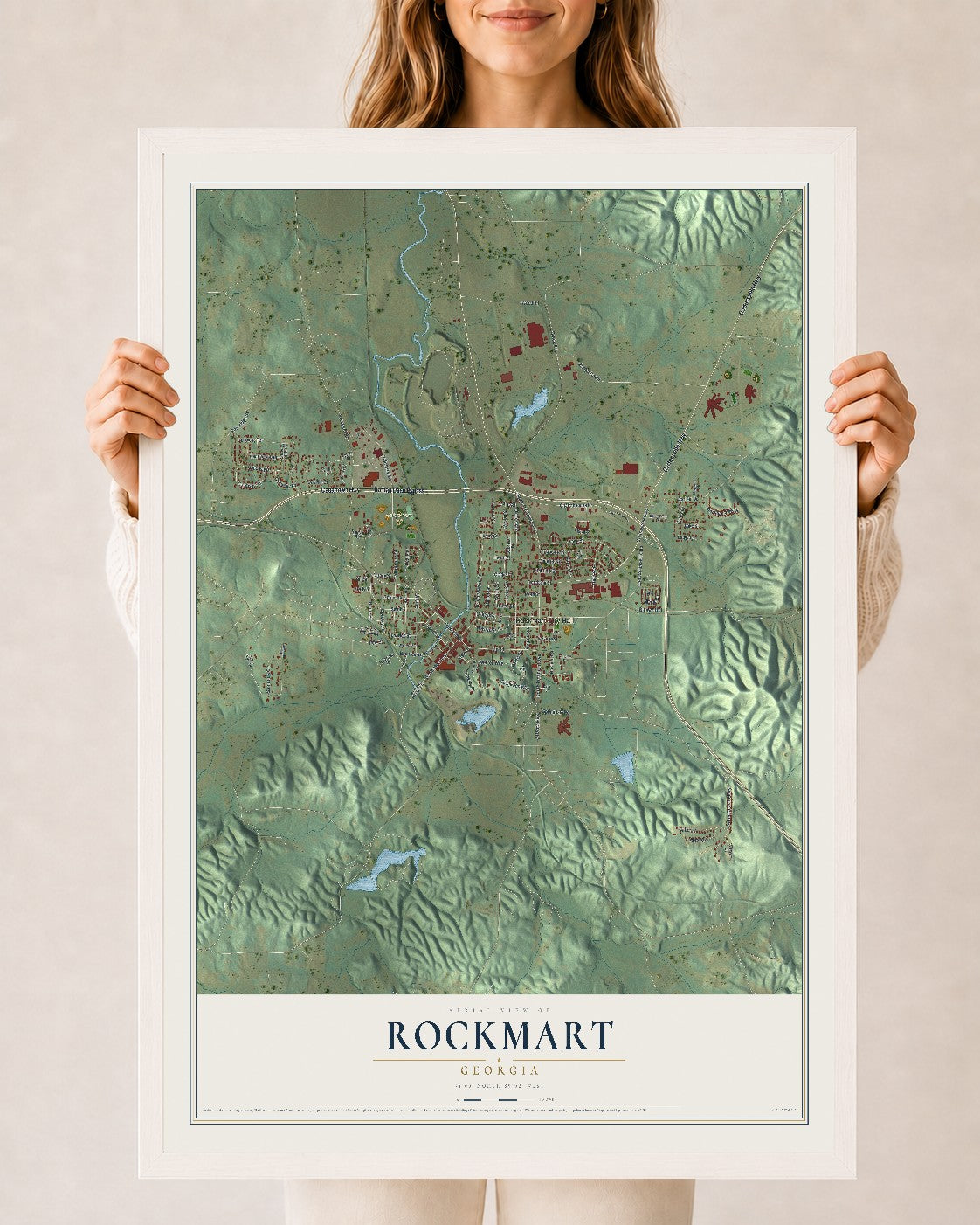 Rockmart, Georgia map print, 24" x 36" W/ White Ayous Wood Frame mockup