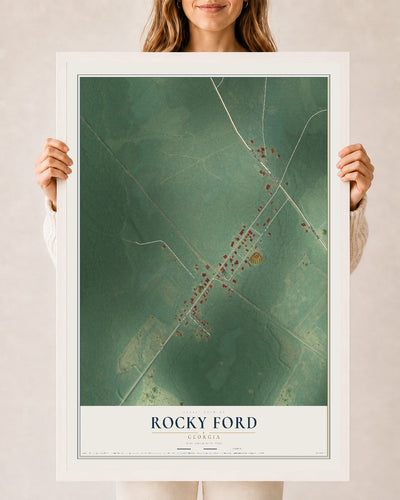 Rocky Ford, Georgia map print, 24" x 36" W/ White Ayous Wood Frame mockup