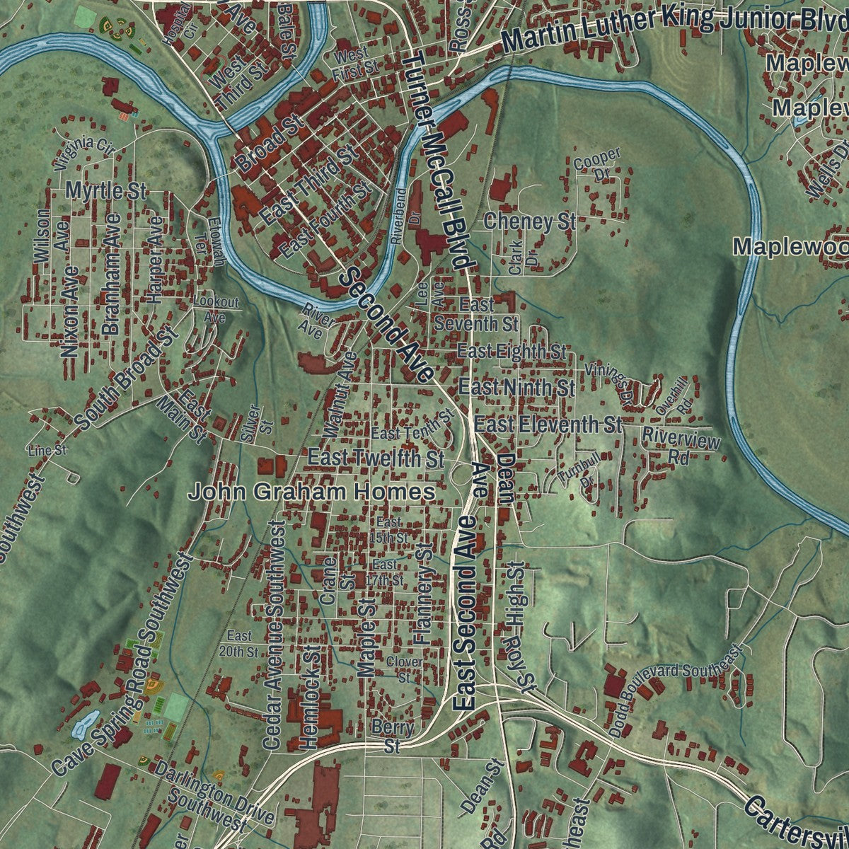 Close-up 2 of the Rome, Georgia map artwork