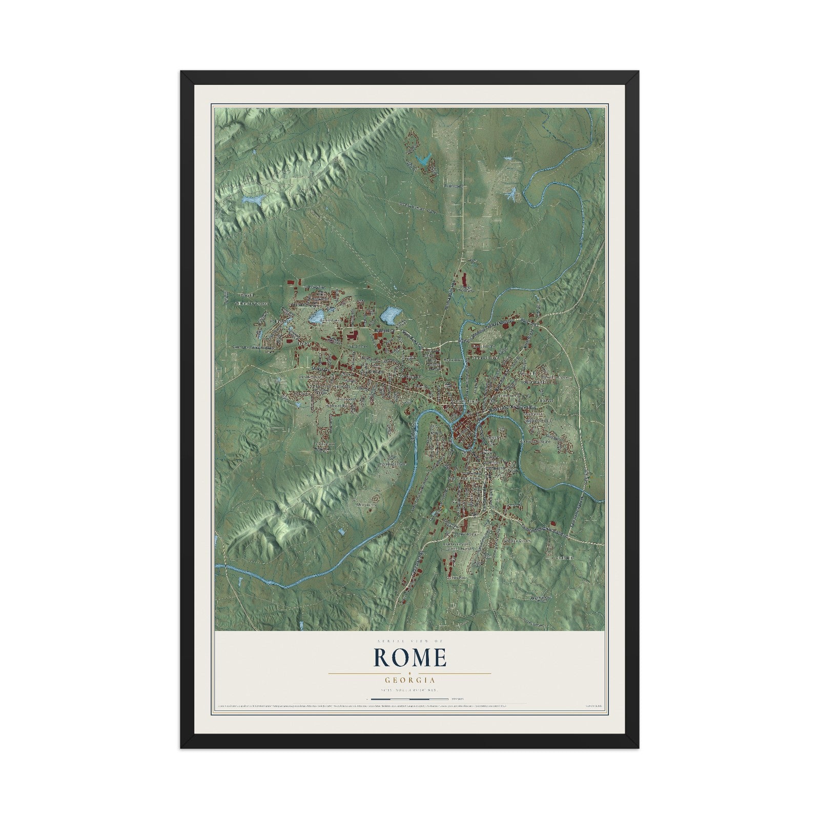 Rome, Georgia map print, 12" x 18" W/ Black Ayous Wood Frame mockup