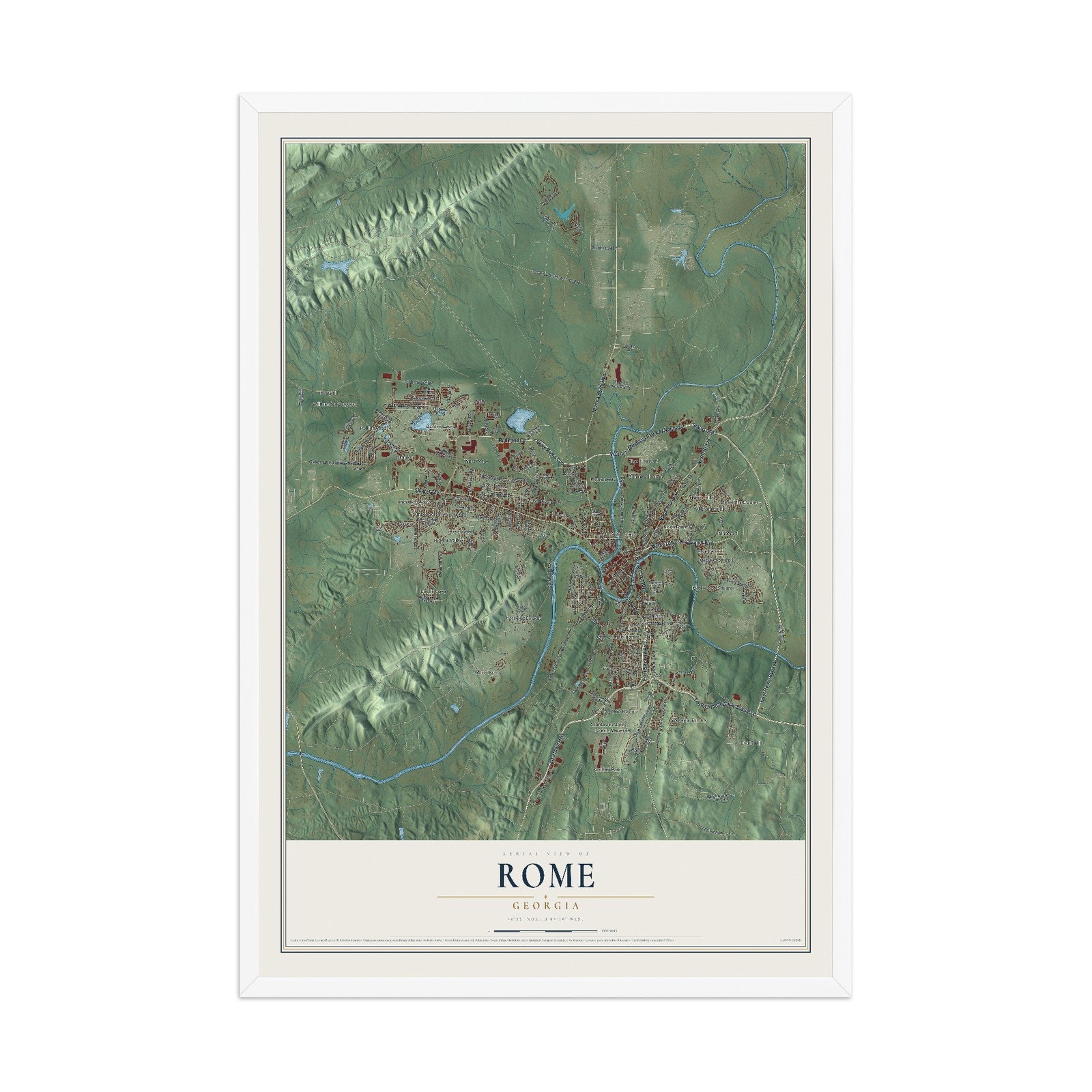 Rome, Georgia map print, 12" x 18" W/ White Ayous Wood Frame mockup