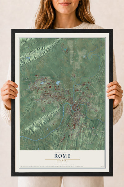 Rome, Georgia map print, 18" x 24" W/ Black Ayous Wood Frame mockup
