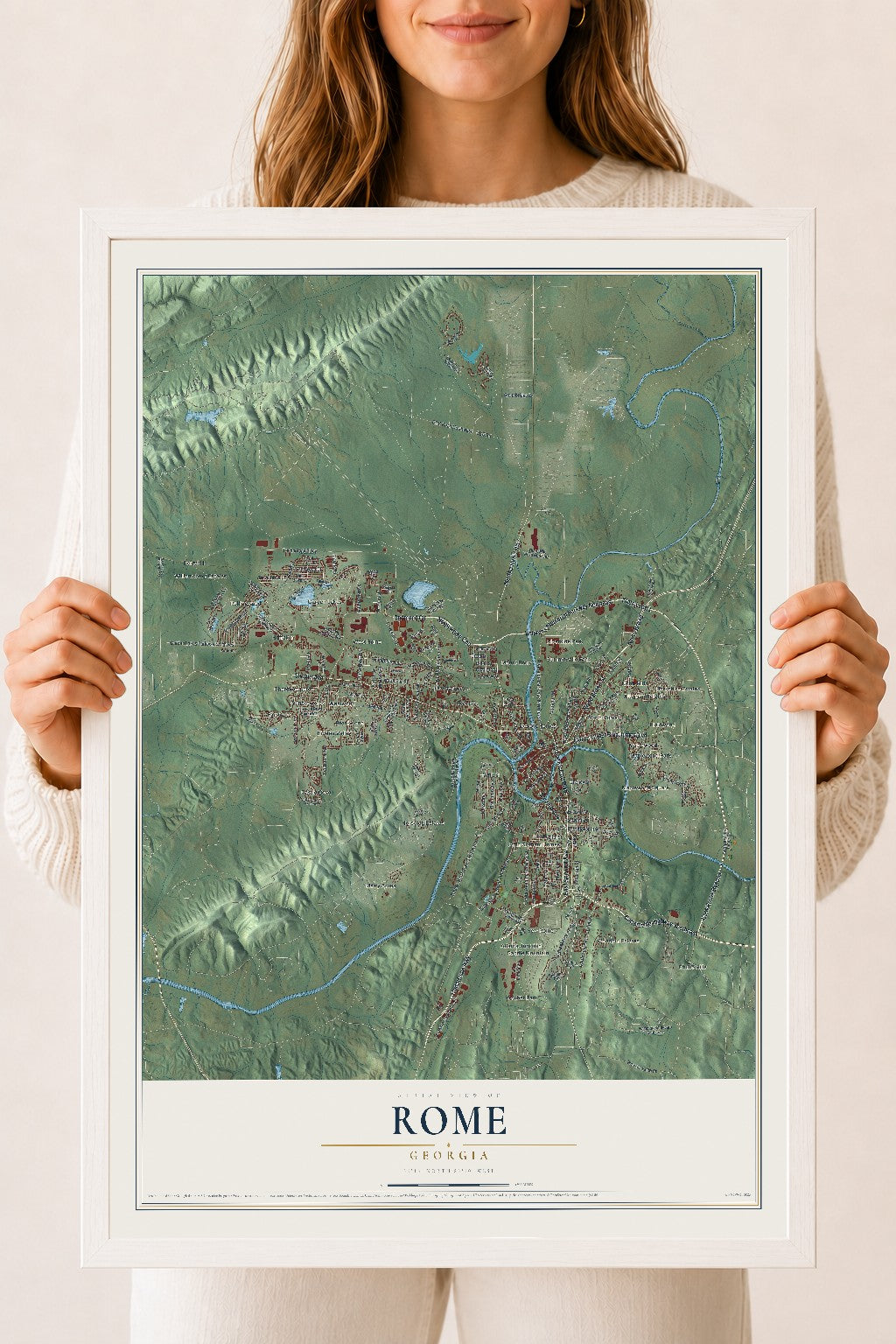 Rome, Georgia map print, 18" x 24" W/ White Ayous Wood Frame mockup