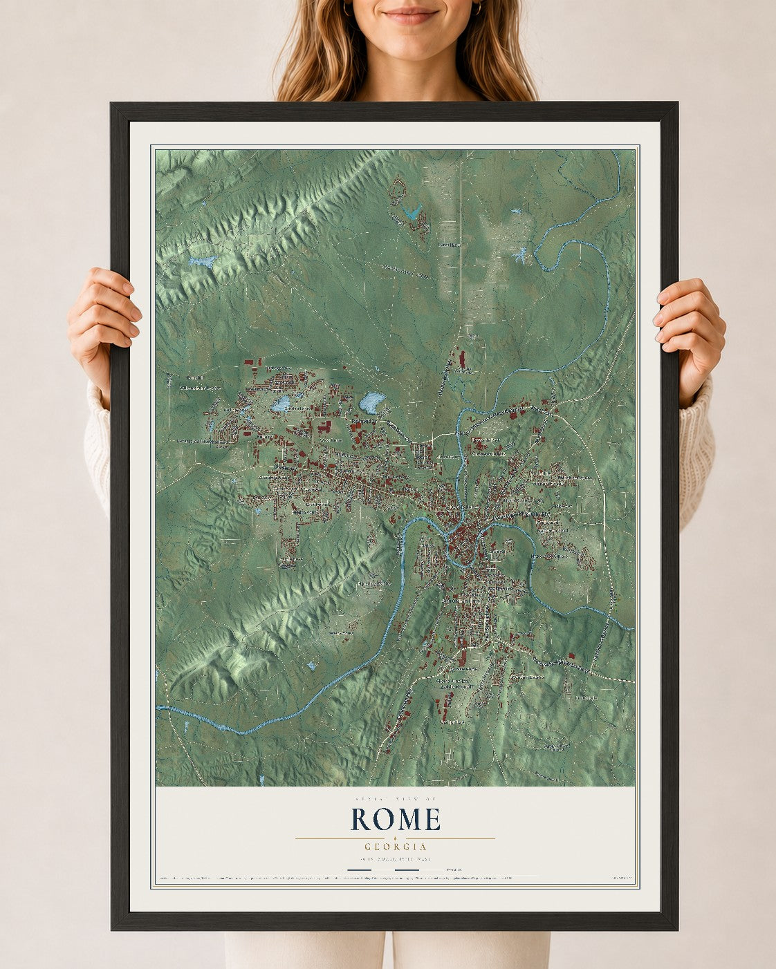 Rome, Georgia map print, 24" x 36" W/ Black Ayous Wood Frame mockup