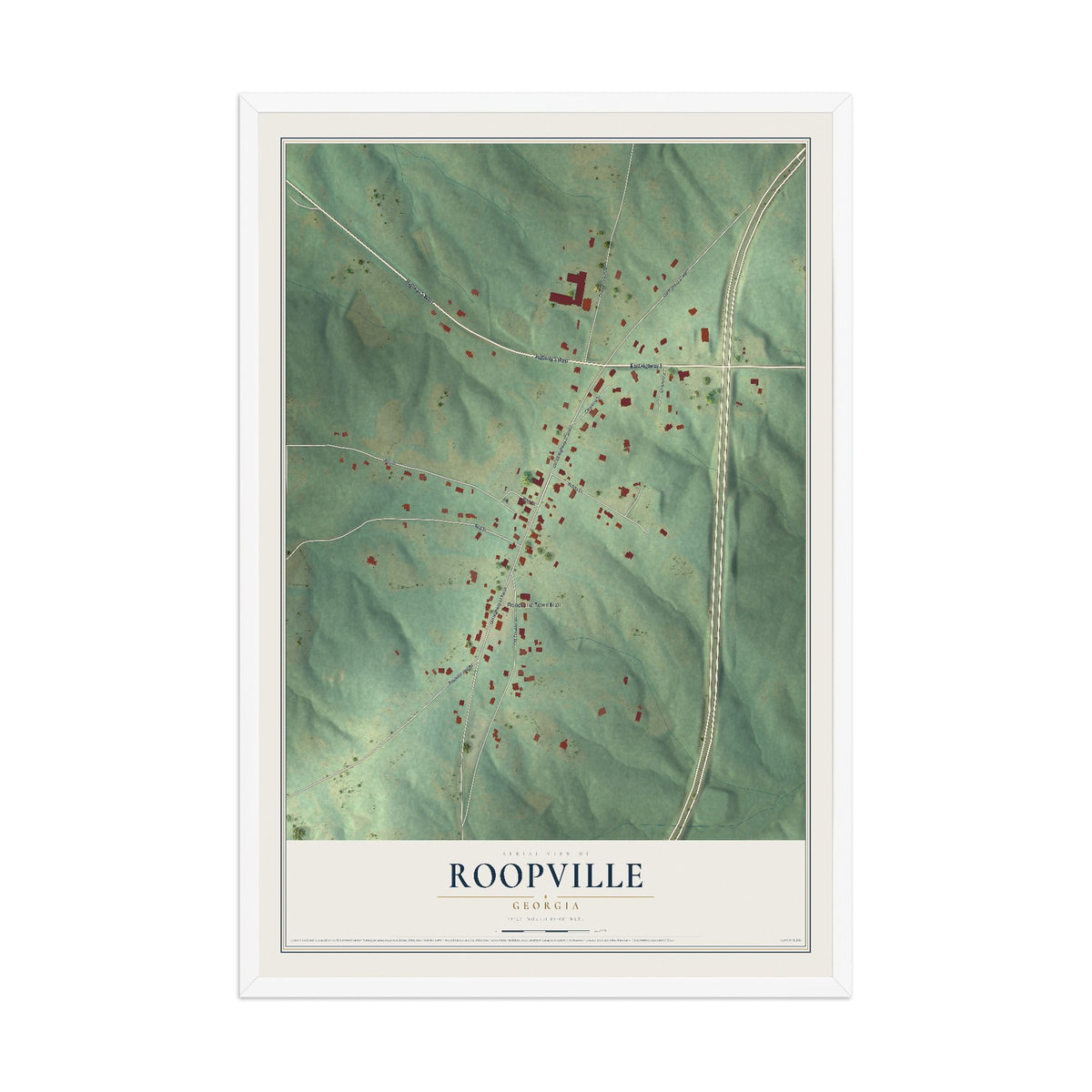 Roopville, Georgia map print, 12" x 18" W/ White Ayous Wood Frame mockup