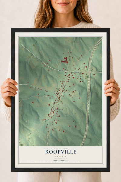 Roopville, Georgia map print, 18" x 24" W/ Black Ayous Wood Frame mockup